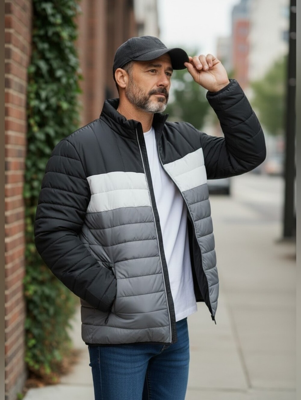 Swiss Tech Quilted Colorblock Puffer Jacket in Black, White & Gray Full Zip XL